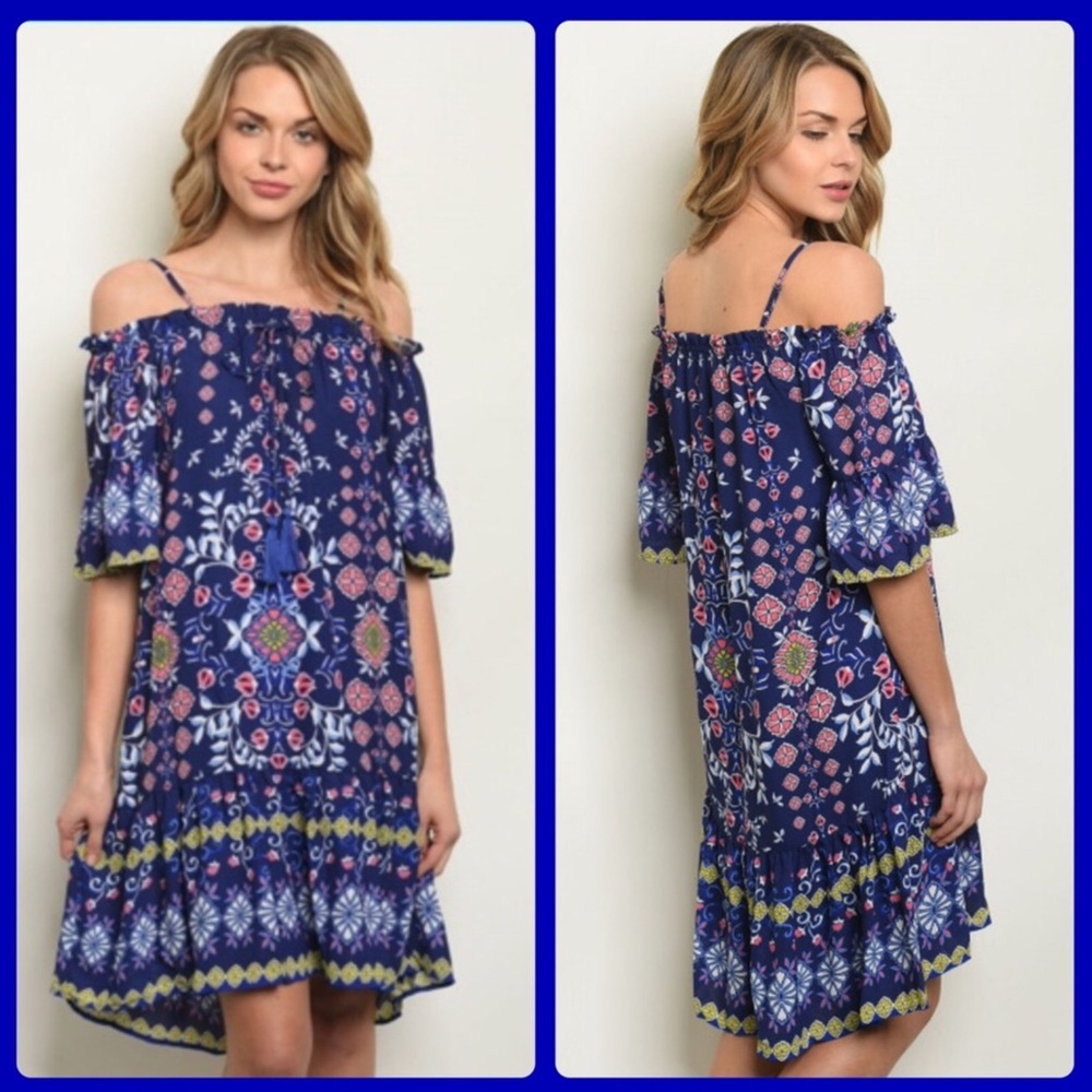 Navy Blue Floral Off-Shoulder Midi Dress